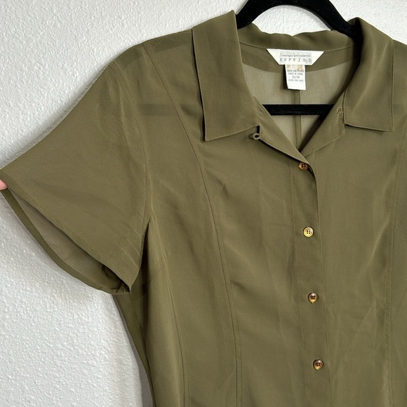 Olive green sheer button down shirt, size 13/14 - Picture 2 of 6